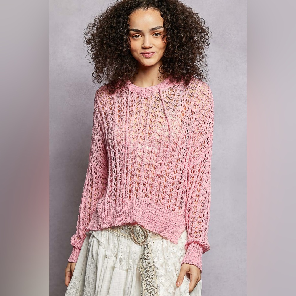POL Openwork Round Neck High Low Knit Top